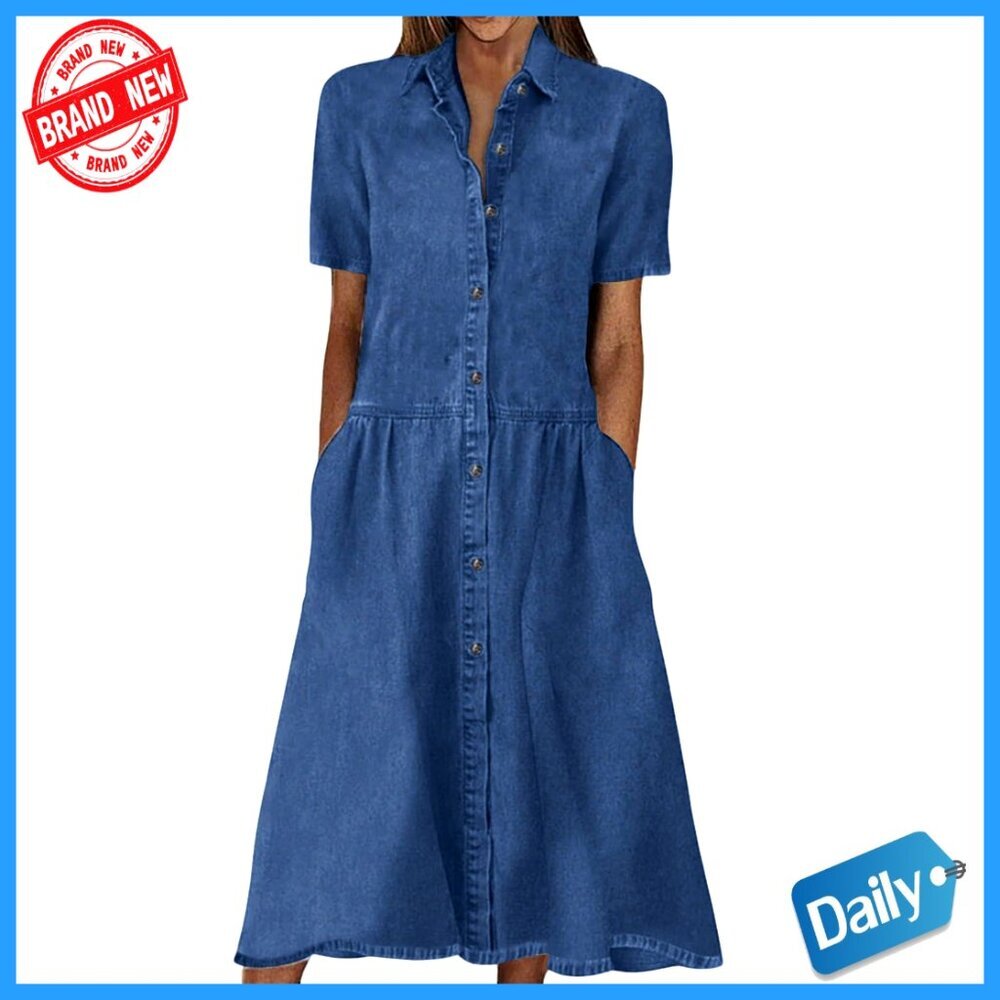 Denim Button Down Shirt Dress Oversized A Line Casual Midi Frayed Hem